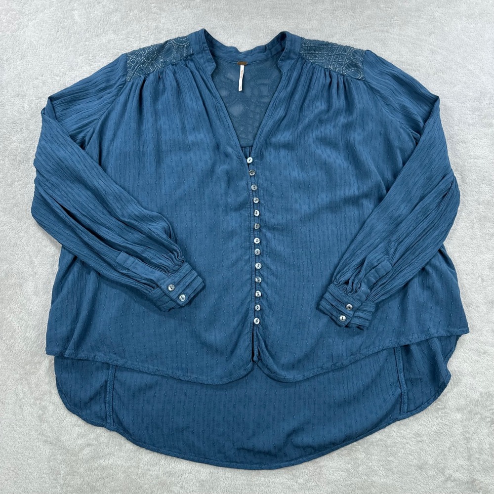 Free People Blouse Women Small Teal Blue Boho Peasant Embroidered Button Front